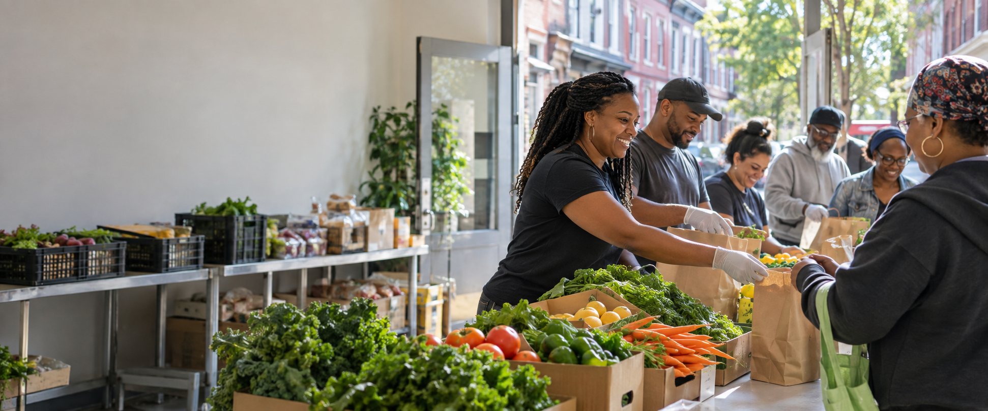 Volunteers sharing fresh groceries with community members